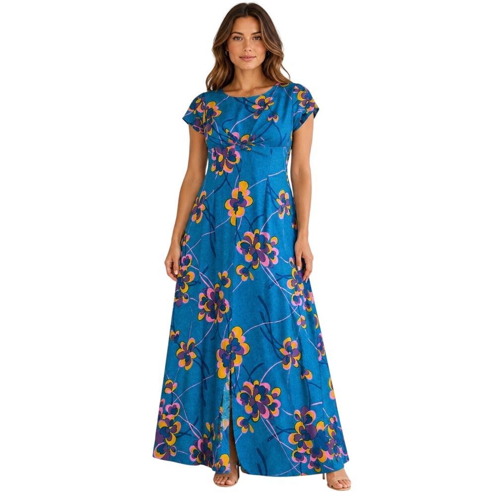 Vintage 60s Blue Cotton Floral Hawaiian Maxi Dress Empire Waist Cap Sleeve L -